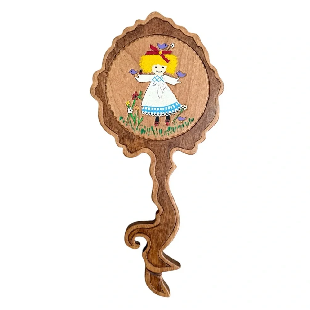 Vintage Vanity Mirror Wood Carved Flower Hand Painted Handheld